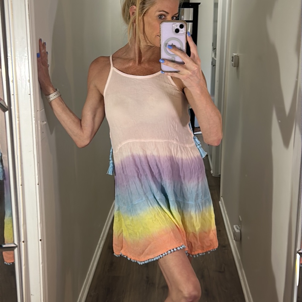 Justice Rainbow colored ombré swim coverup w adjustable straps and tassels.